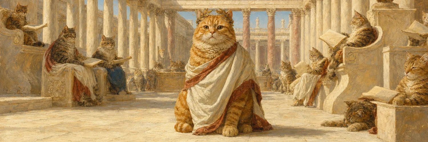 A painting of a vast sunlit Roman forum with a long colonnade, Clawdius a small seated figure at its centre