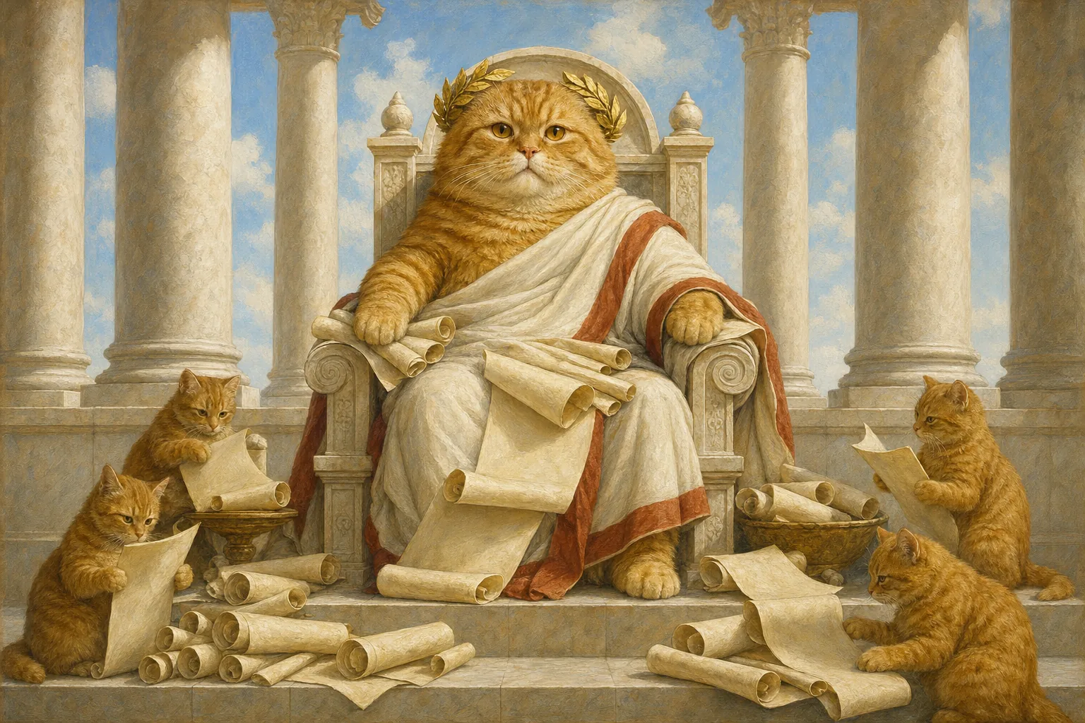 A painting of Clawdius, a marmalade tabby cat in a toga and gilded laurel wreath, enthroned on marble among scrolls