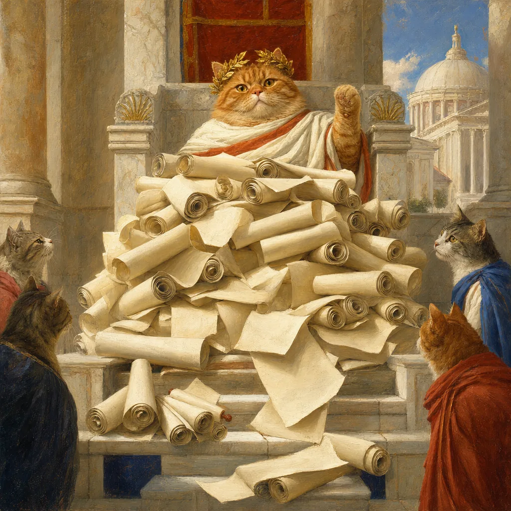 A painting of Clawdius almost buried under a heap of blank scrolls on his throne