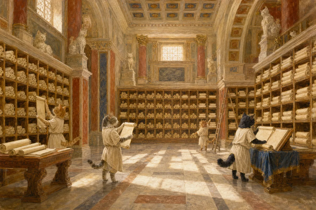 A painting of a vast Roman library, tiers of scroll shelves rising to a coffered ceiling, small cats consulting them