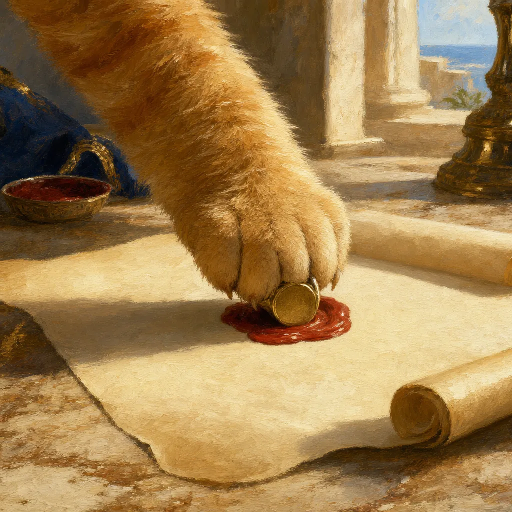 A painted close study of a ginger cat paw pressing a gold signet ring into red wax on blank parchment