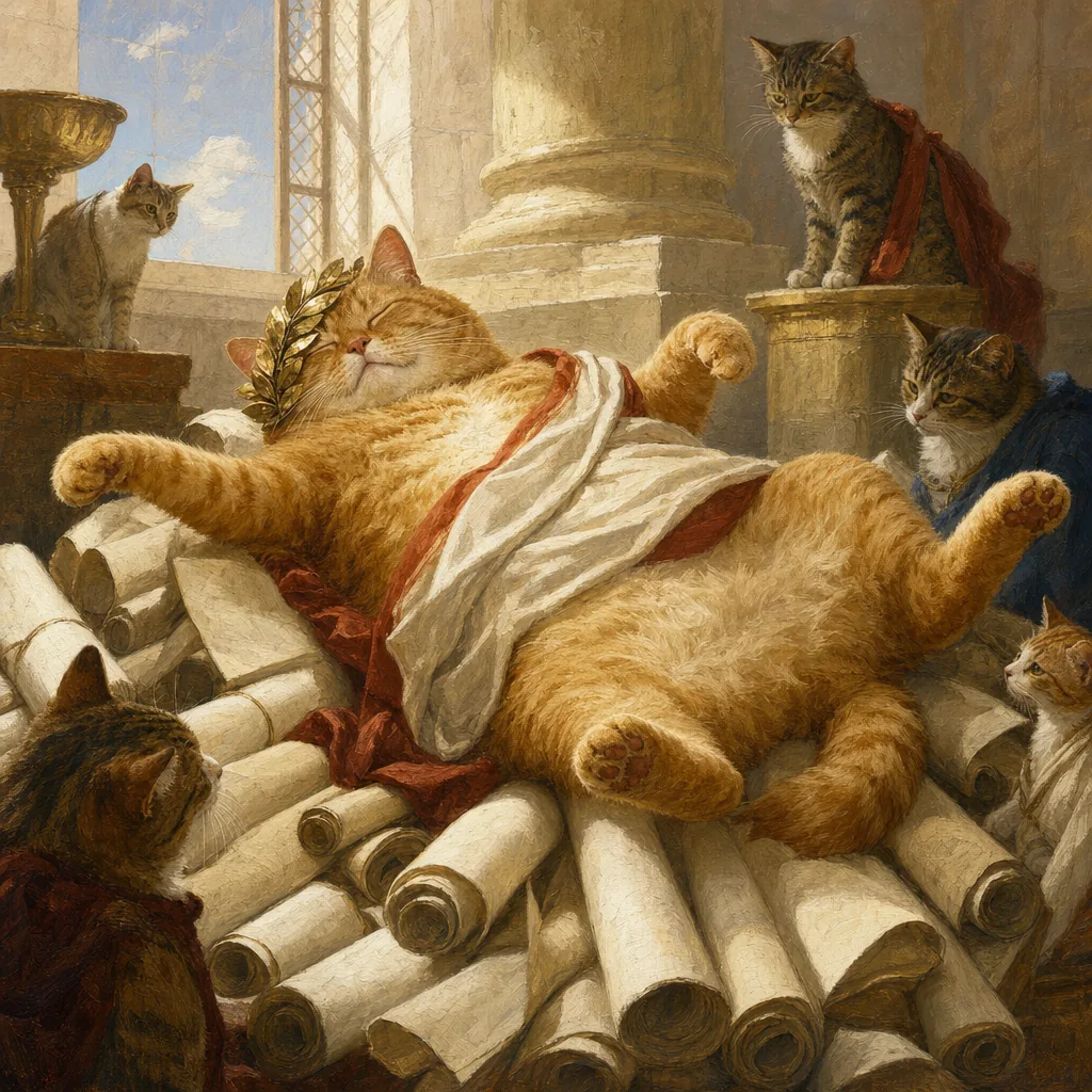A painting of Clawdius asleep on his back across a pile of scrolls, wreath over one eye