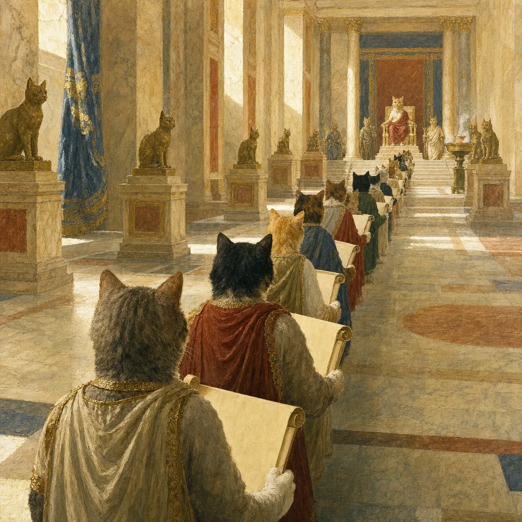 A painting of a long queue of small cats holding blank scrolls, waiting across a sunlit marble hall