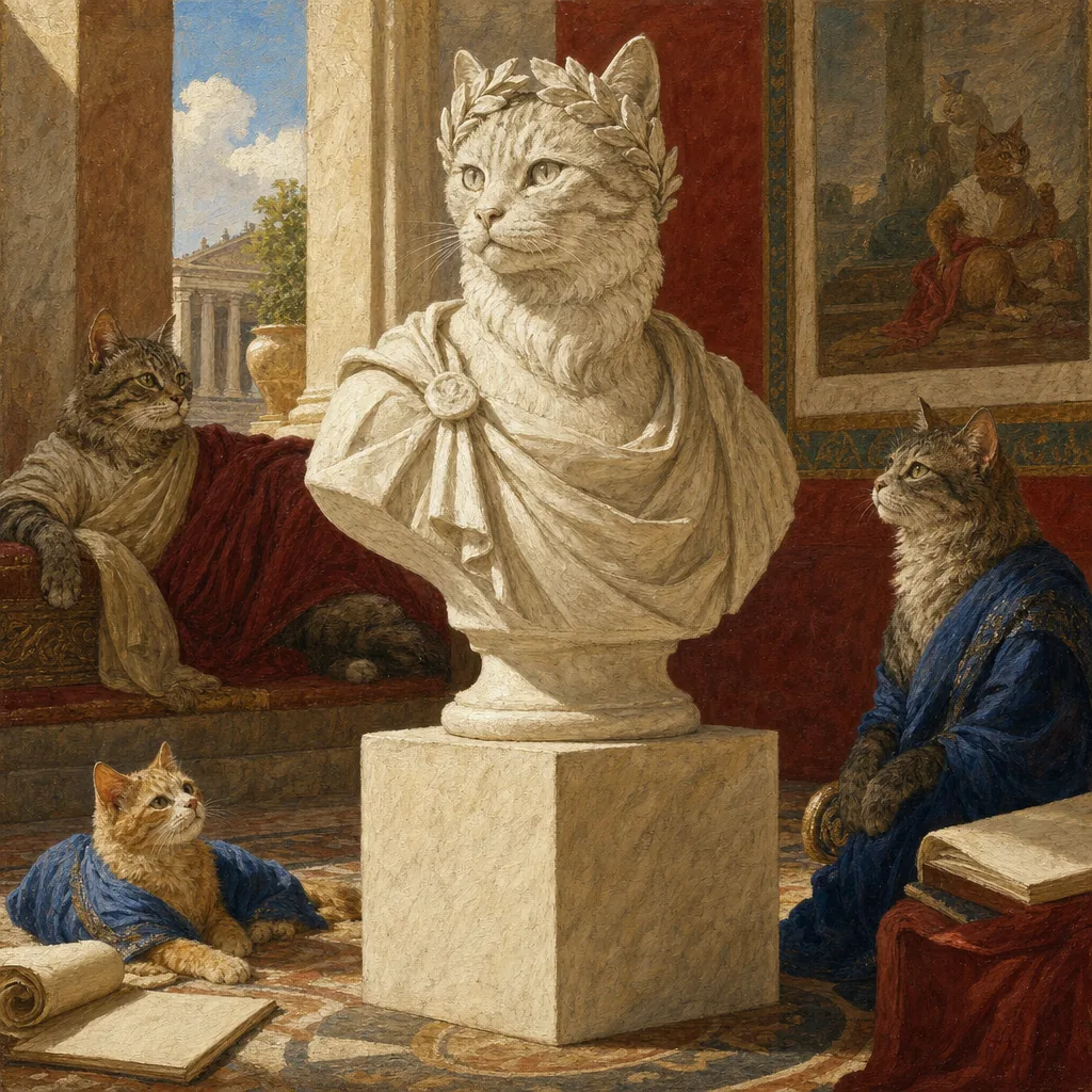 A painting of a white marble bust of a laurel-wreathed cat on a plinth in a bright colonnade