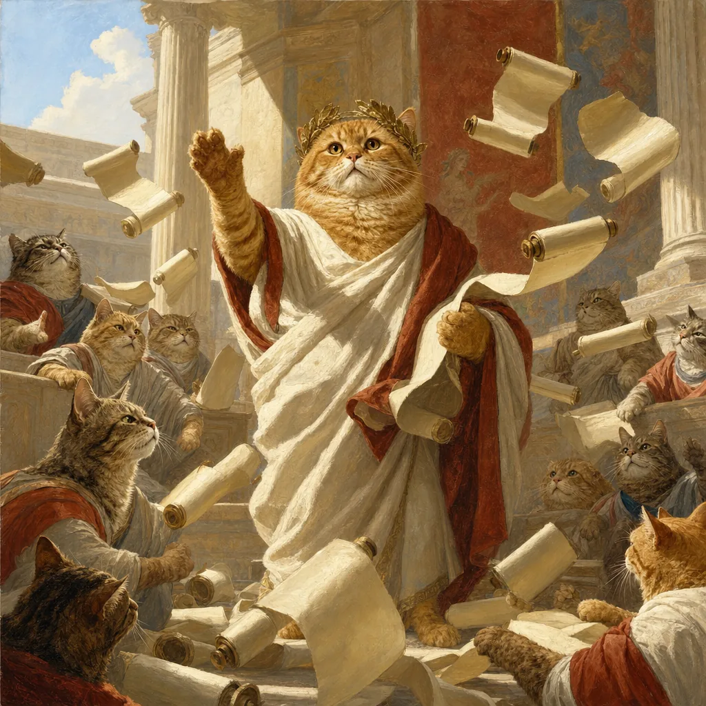 A painting of Clawdius with one paw raised in oration while blank scrolls tumble through the air around him