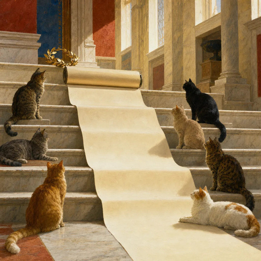 A painting of one colossal blank scroll unrolling down sunlit marble steps and out of sight